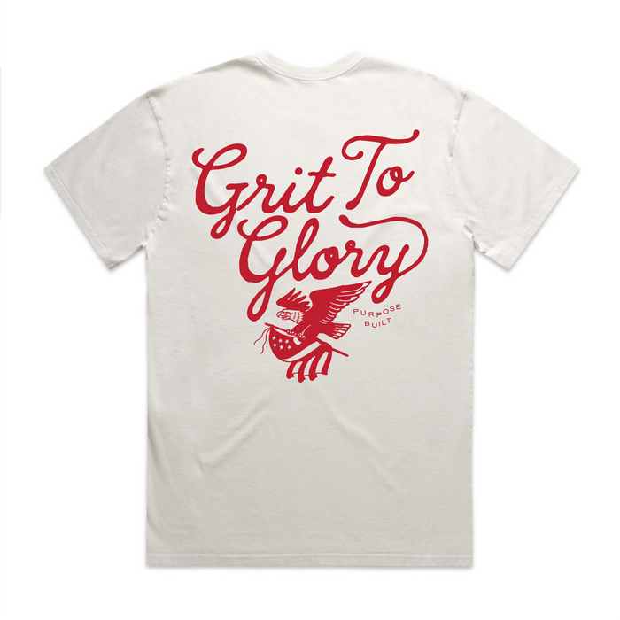 Youth Grit to Glory interlock short sleeve tee in white, main product view of the front print