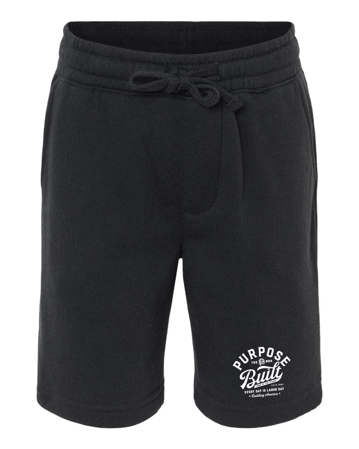 Purpose-Built youth script logo fleece shorts in black