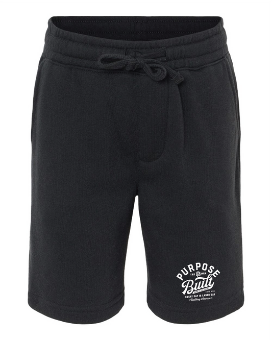 Purpose-Built youth script logo fleece shorts in black