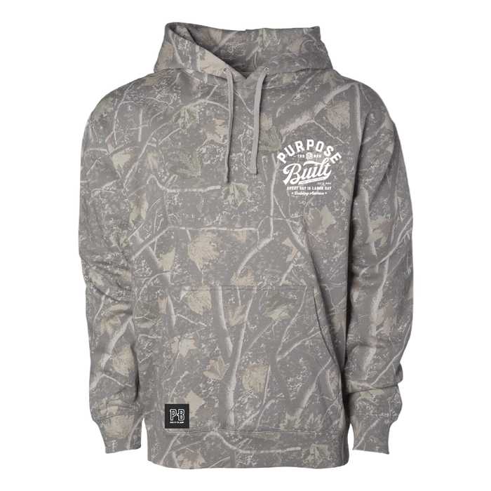 Purpose-Built youth script logo hoodie in Deadwood camo, alternate product view