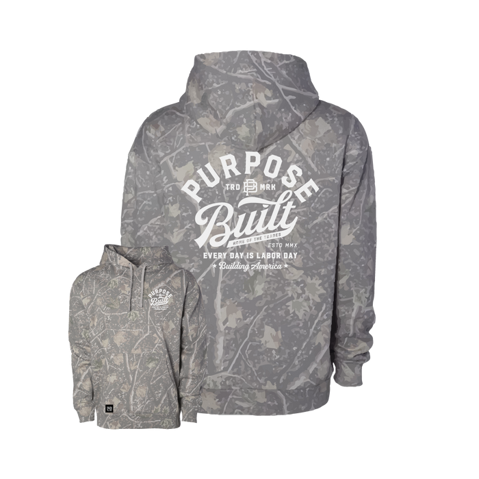 Purpose-Built youth script logo hoodie in Deadwood camo, additional product view