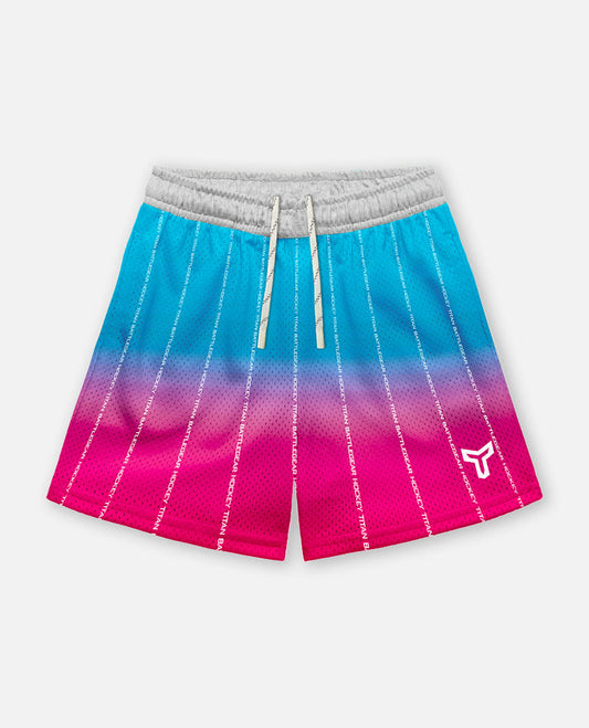 Gradient  titan battlegear shorts transitioning from blue to pink on a light gray background