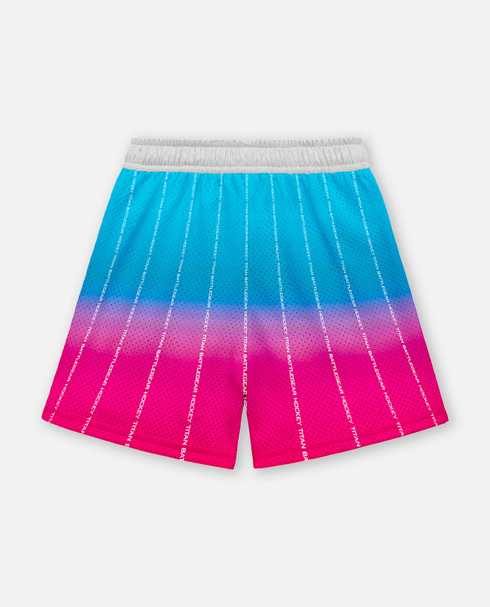 Gradient  titan battlegear shorts transitioning from blue to pink on a light gray background