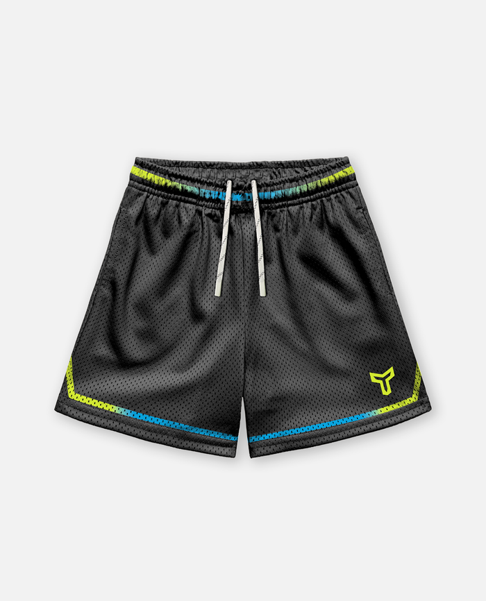 Black athletic titan battlegear shorts with colorful accents on a light gray background