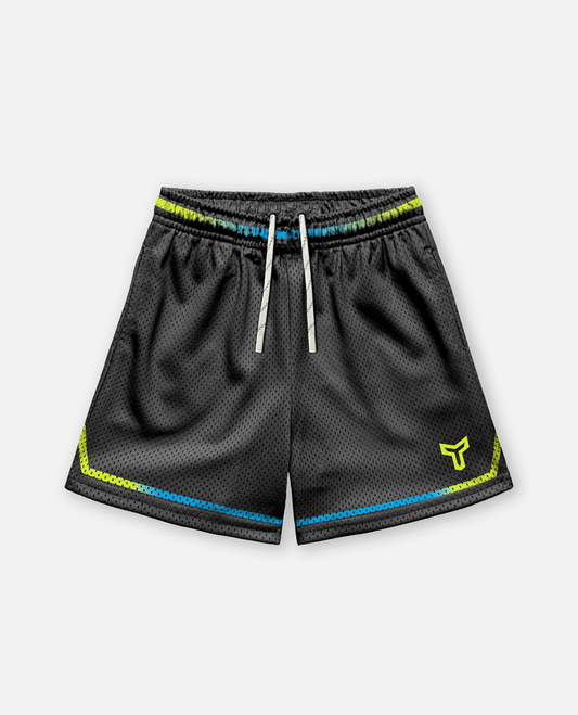 Black athletic titan battlegear shorts with colorful accents on a light gray background