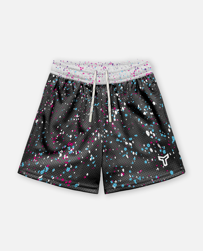Black titan battlegear shorts with colorful speckles on a white background
