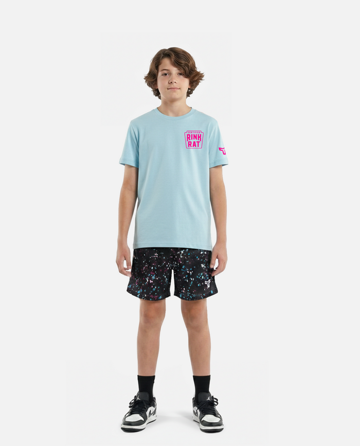 kid  wearing a black titan battlegear t-shirt and colorful shorts on a white background