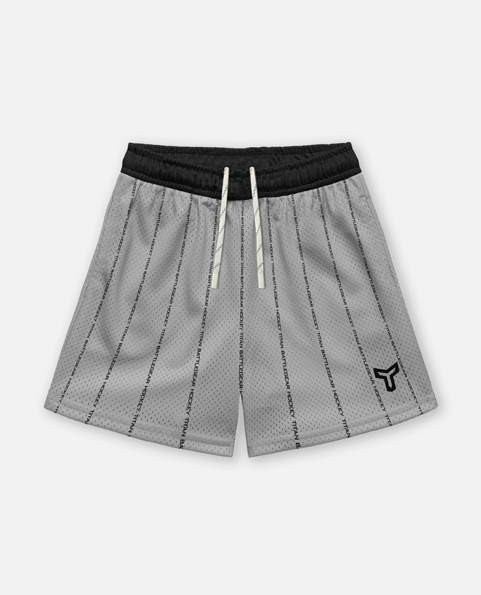 Gray titan battlegear shorts with black pinstripes on a white background