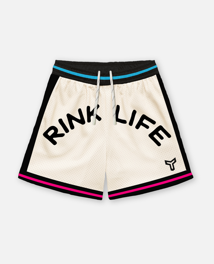 titan battlegear beige shorts with 'RINK LIFE' text on a white background