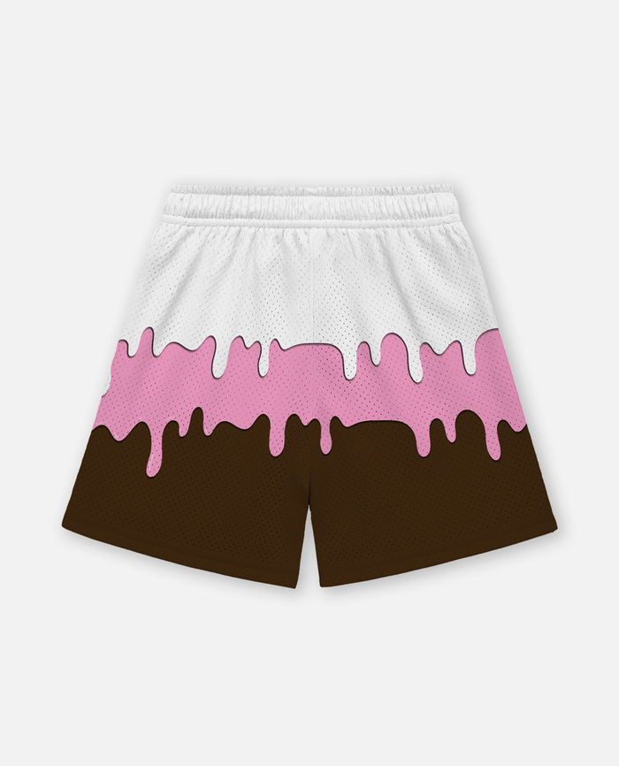 Shorts with a pink and brown design on a white background